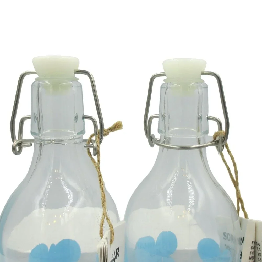 IKEA SOMMAR Glass Bottle with Clamp Lid Vintage Blue Clover Design Water 2 Set